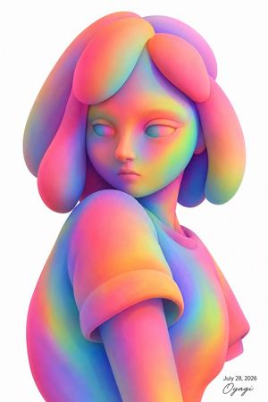 Rainbow Vinyl Anime Girl Portrait — Create a clean vertical 2:3 portrait illustration of a stylized 3D anime-inspired girl bust on a pure white background, rend