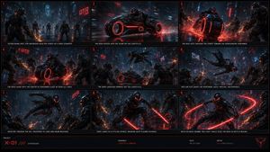 Cyberpunk Lightcycle Storyboard — Goal: Create a cinematic cyberpunk action storyboard sheet for {argument name="project name" default…