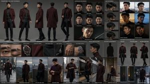 Cinematic Detective Character Sheet — Goal: Create a cinematic, information-dense character sheet and product-style reference board for {a…
