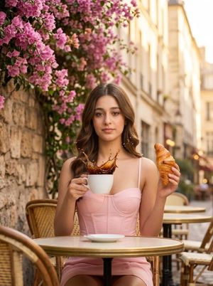Parisian Café Coffee Splash — A high-resolution, ultra-realistic realistic photograph of a beautiful young woman sitting at an {argument name="location" default