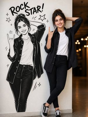 Real Woman and Line Art Cartoon Comparison AI image template preview