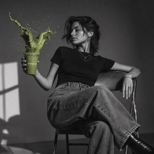 Matcha Splash Fashion Portrait — Create a high-end {argument name="color style" default="black and white"} studio fashion portrait of…