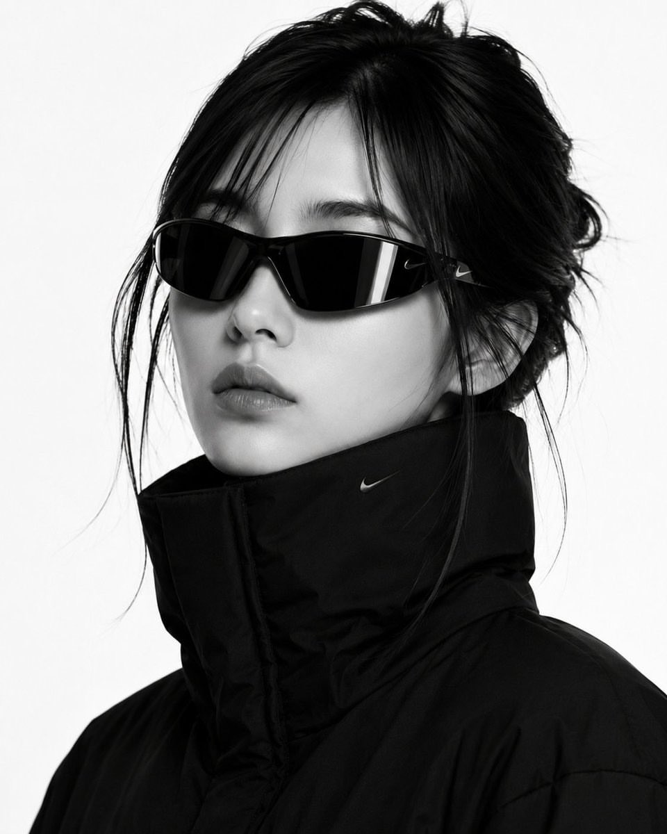 High-Fashion B&W Puffer Jacket Portrait