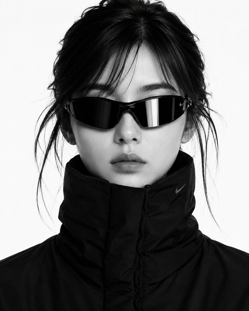High-Fashion B&W Puffer Jacket Portrait reference image 1