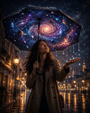 Cosmic Universe Umbrella Fantasy Scene — Create a breathtaking cinematic fantasy scene on a charming {argument name="setting" default="European street"} just af