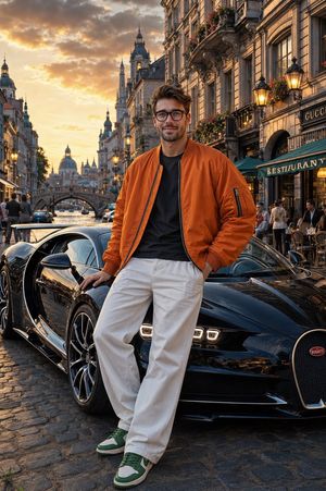 Luxury Bugatti Fashion Portrait — Ultra-realistic cinematic full-body portrait of the same man from the reference image (preserve exac…