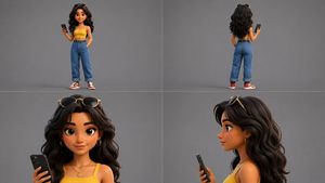 3D Animated Character Reference Sheet — A 4-view character reference sheet of a stylish {argument name="age" default="20"}-year-old girl with long wavy {argumen