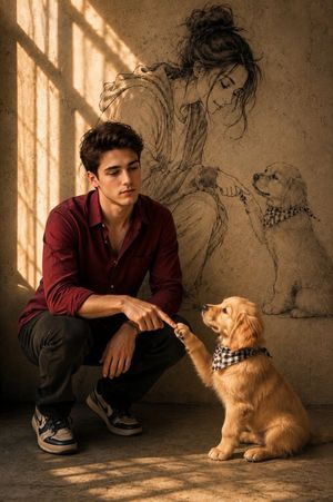 Man and Puppy With Wall Sketch AI image template preview