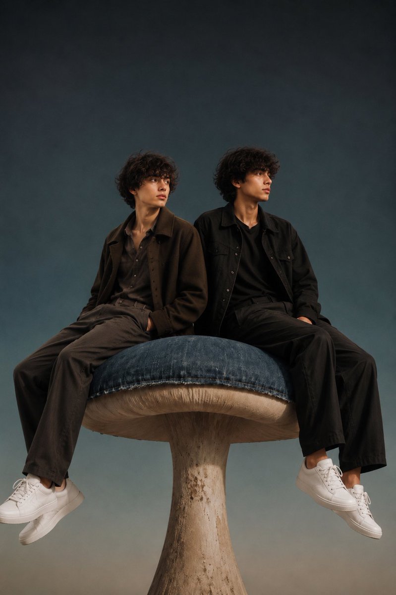 Twin Fashion Portrait on Giant Mushroom
