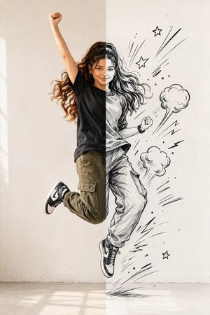 Half Photo Half Manga Jump Portrait — Create a full-body minimalist studio portrait of {argument name="character description" default="a young woman with long w