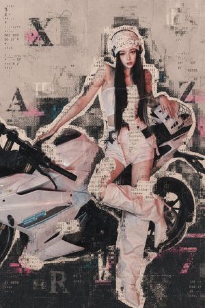 Archive Glitch Motorcycle Fashion Poster — Create a vertical futuristic fashion poster featuring {argument name="character name" default="a you…