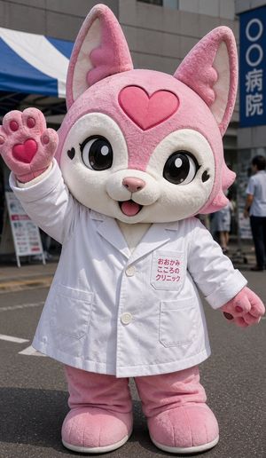 Pink Wolf Clinic Mascot Photo — Create a realistic vertical street-event photograph of a full-body kawaii mascot character: a plush pink wolf/fox costume standi