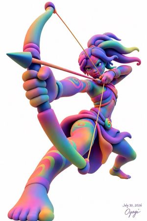 Neon Fantasy Archer 3D Illustration — Create a dynamic full-body 3D character illustration on a clean white background: a fierce fantasy a…