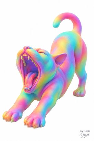 Rainbow Yawning Cat Stretch — Create a clean studio-style 3D illustration of a {argument name="animal" default="cat"} stretching in a dramatic play-bow pose on 
