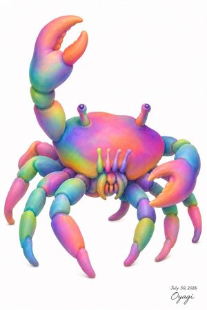 Rainbow Clay Crab Illustration — Create a whimsical full-body 3D clay-like illustration of a crab on a clean white background, centered with lots of negative sp