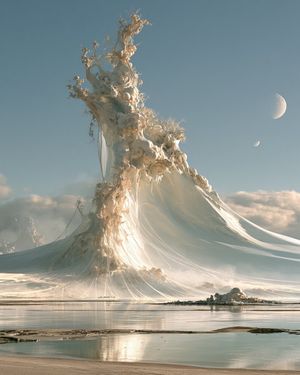 Surreal White Veil Mountain Landscape — Create a surreal cinematic landscape of an unknown world: a colossal organic white mountain rising from a calm reflectiv