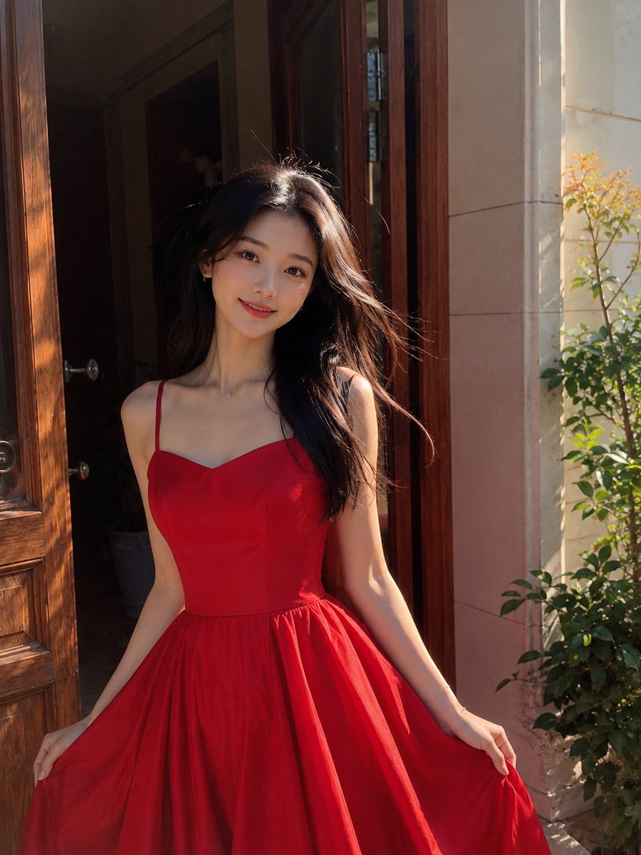 Sunlit Portrait of Woman in Red Satin
