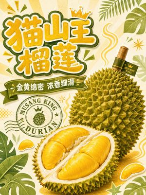 Musang King Durian Commercial Poster — 竖版3:4{argument name="主题" default="猫山王榴莲"}主题商业海报，{argument name="背景颜色" default="暖米白满版背景"}，叠加低对比芥末黄太阳放射纹、浅绿色叶片剪影和小型尖刺几何纹样。画