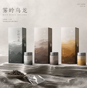 Tea Packaging Terrain Visual Concept — 设计一组包装设计方向的茶包装主视觉，概念是“{argument name="设计概念" default="山雾把一口茶折成纸盒里的微型地形"}”。产品是三款不同发酵度的高山乌龙系列，画面展示三只细长比例的抽屉盒与小罐装组合，摆放在像岩层切面一