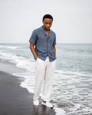 Calm Beach Portrait — Create a realistic full-body editorial portrait of {argument name="person description" default="a young Black man with short black hair, s