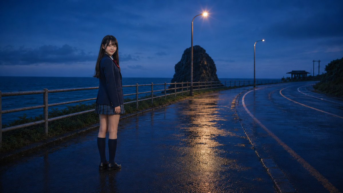 Rainy Coastal Schoolgirl Scene