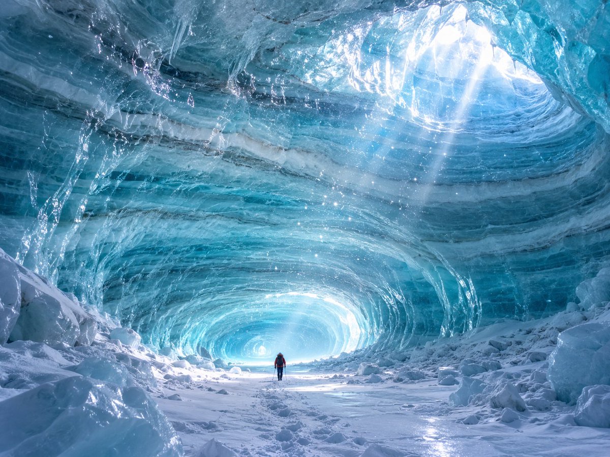 Explorer in a Vast Blue Ice Cave