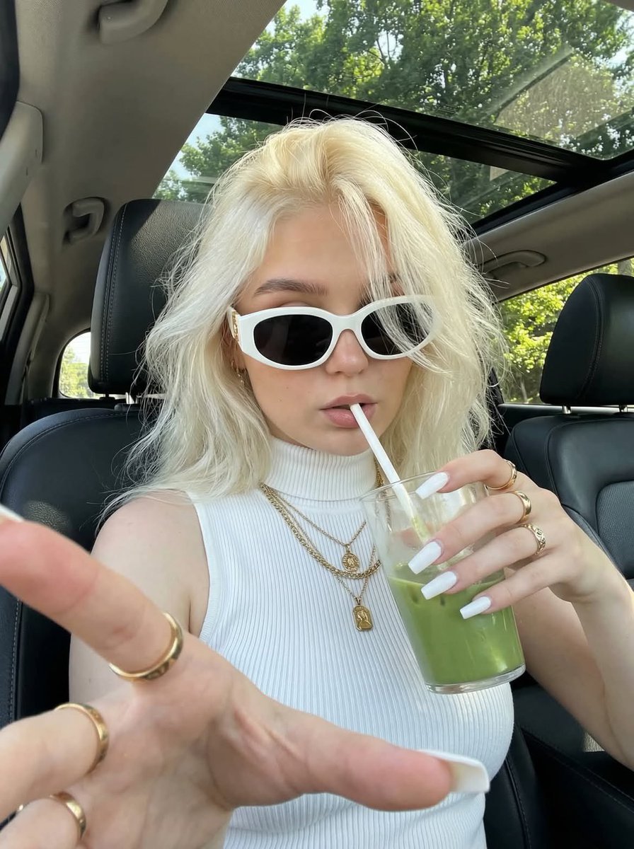 Car Selfie with Green Drink and Sunglasses