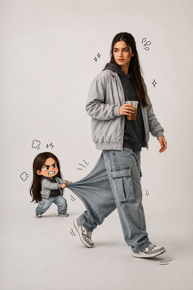 Forced Perspective Chibi Pants Pull Portrait