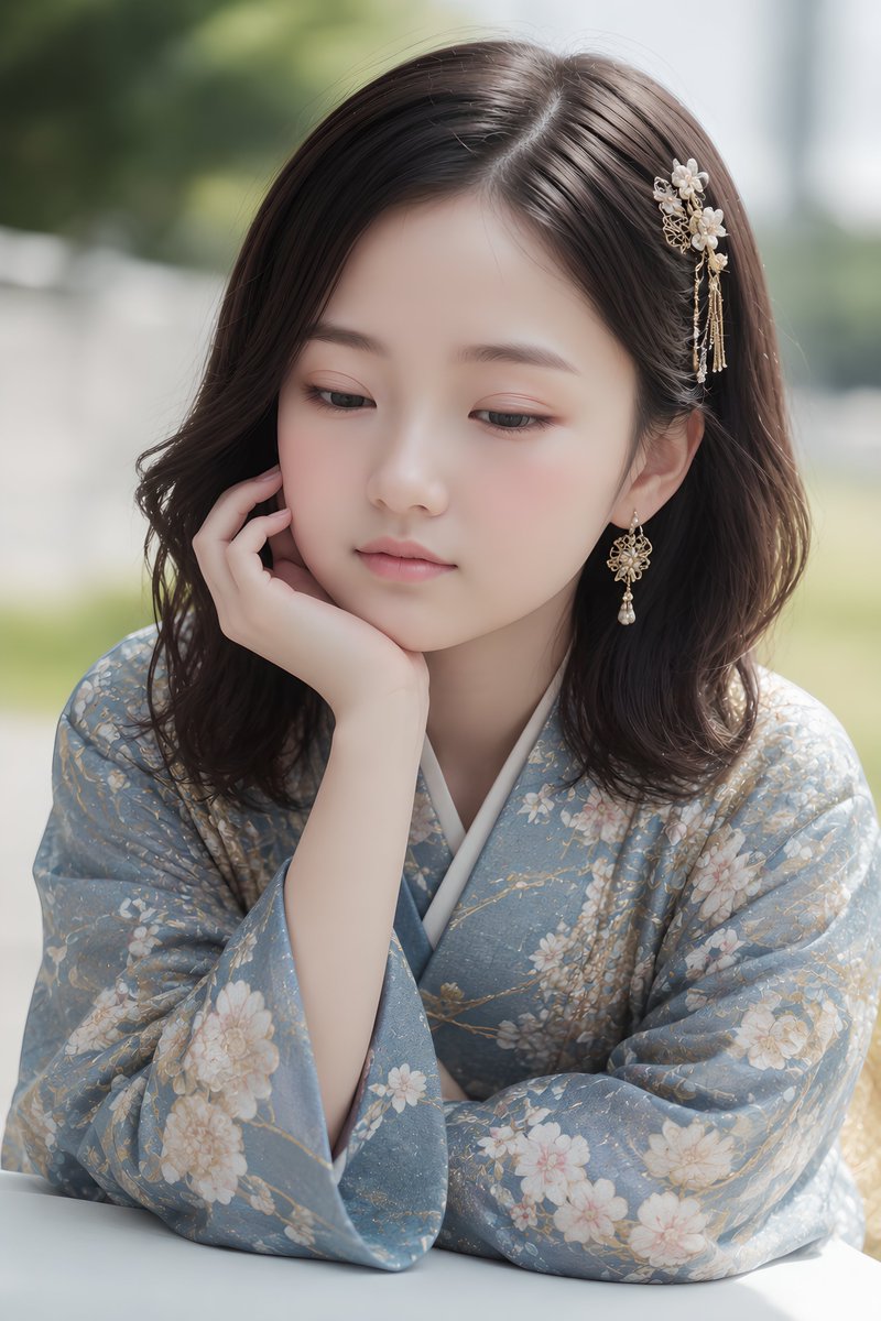 Girl in Blue Floral Kimono