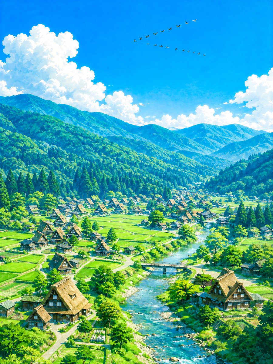 Aerial Summer View of Shirakawa-go