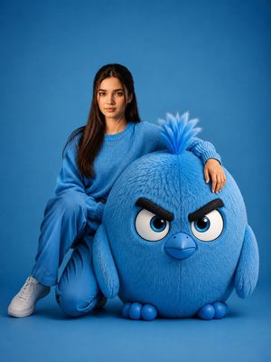 Woman With Giant Blue Angry Bird — Ultra-realistic studio portrait of {argument name="character name" default="a beautiful young woman"} posing beside a giant f
