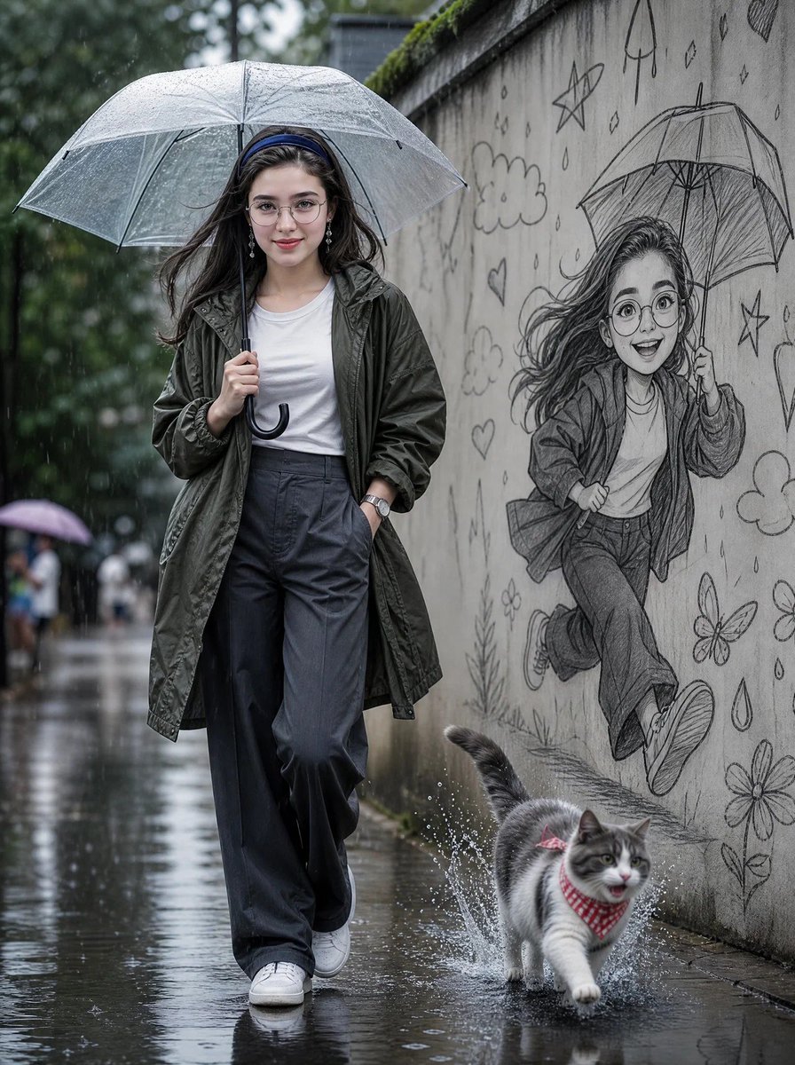 Rainy Street Portrait with Pencil Mural