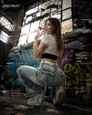 Urban Grunge Glitch Fashion Photography — Create an image. Urban grunge fashion photograph of the attached model posing in an {argument name="setting" default="