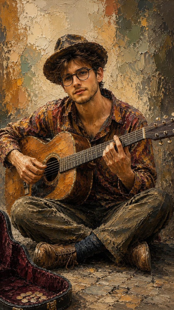 Impasto Oil Painting Street Musician