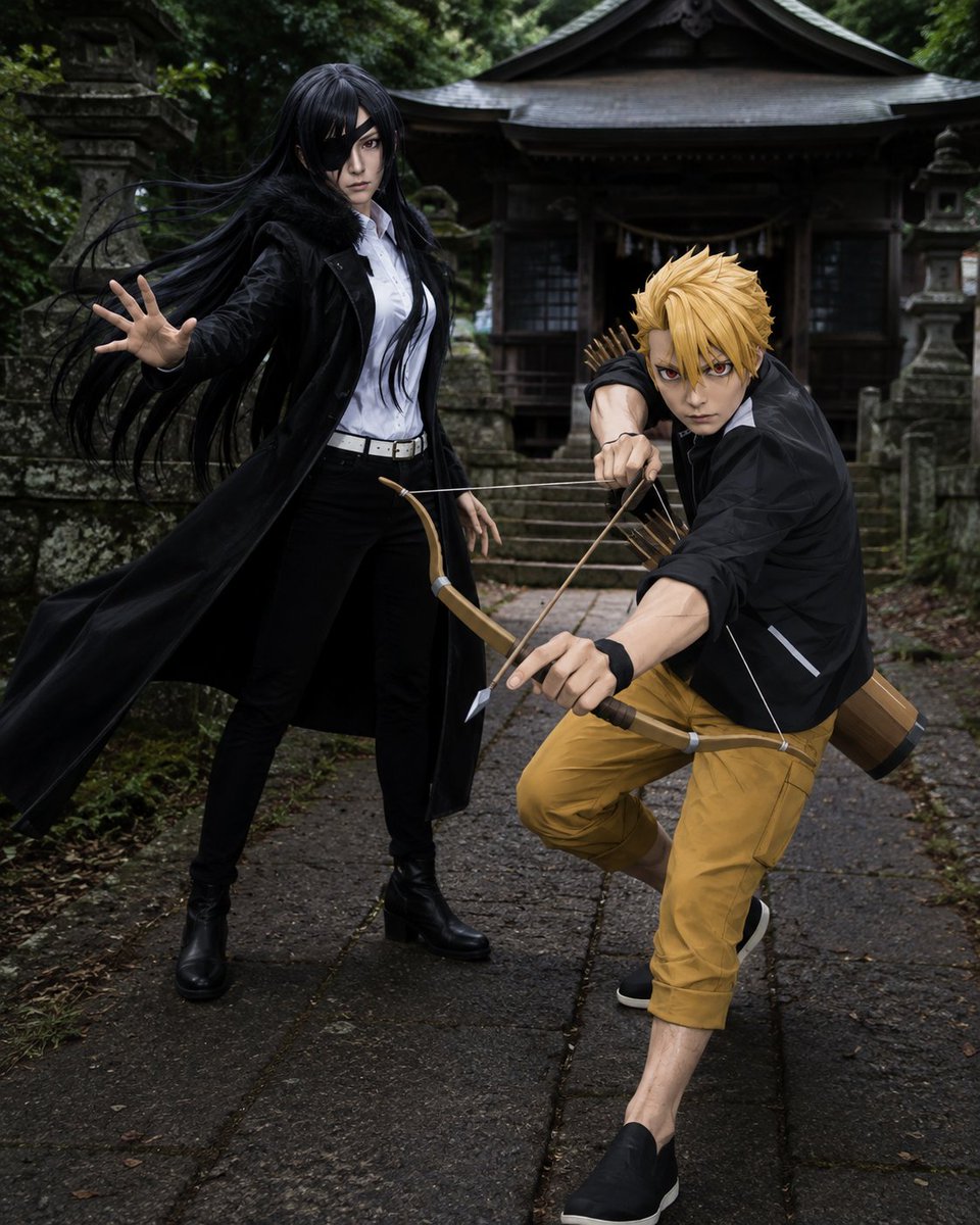 Anime Cosplay Duo at Forest Shrine