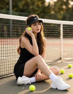 Luxury Tennis Court Fashion Editorial — Use the uploaded image as the SINGLE model reference. The woman in the photo is the exact model. Pre…