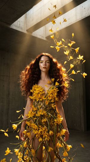 Surreal Botanical Couture Fashion Editorial — Zero-Gravity Botanical Collision of Concrete and Saffron · A hyper-realistic, surreal high-fashion editorial. The 
