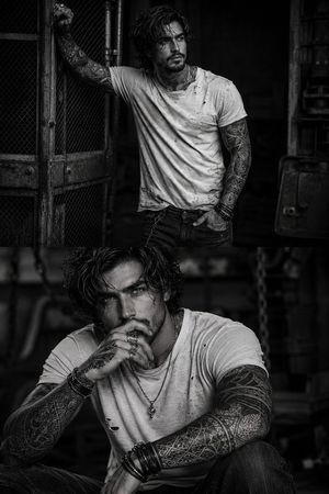 Gritty Industrial Monochrome Tattooed Portrait — Ultra-realistic cinematic black-and-white portrait photography, 8K HDR, hyper-detailed, dark gritty industrial 