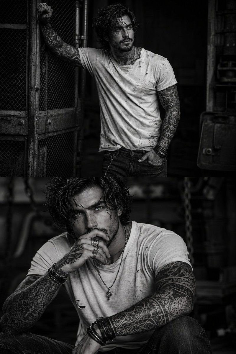 Gritty Industrial Monochrome Tattooed Portrait