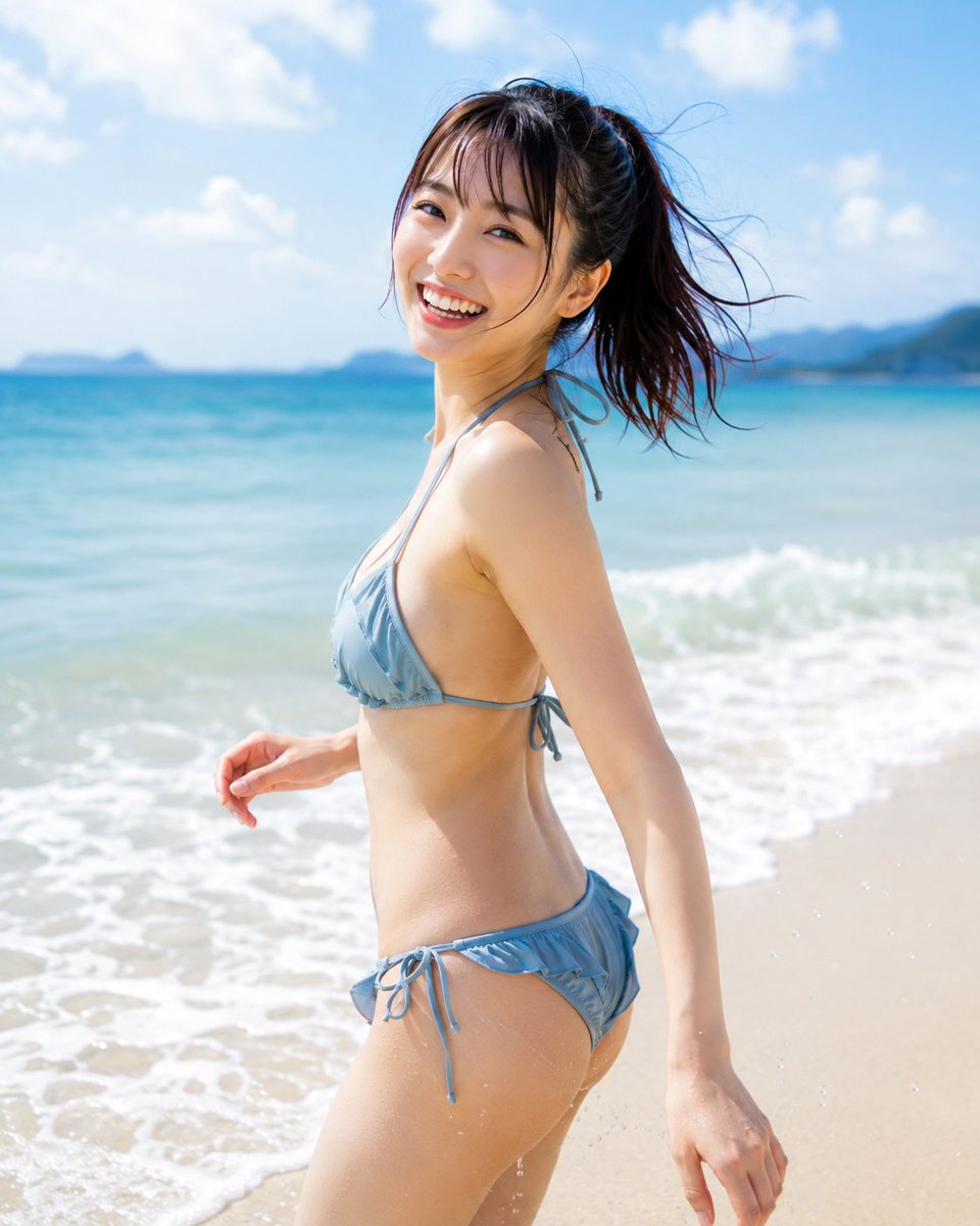 Japanese Girl in Swimsuit at the Beach