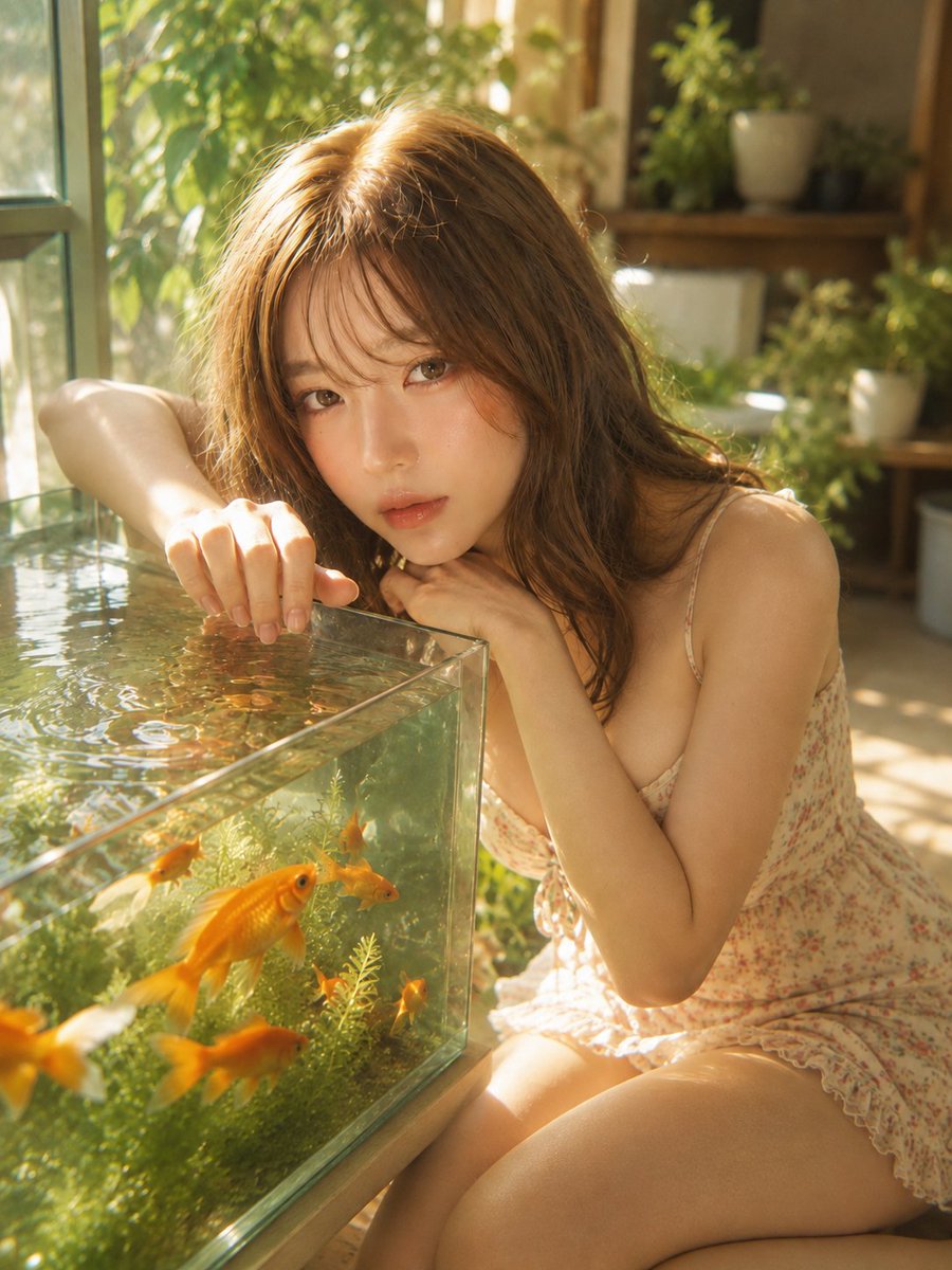 Woman by a Goldfish Tank in a Sunlit Room