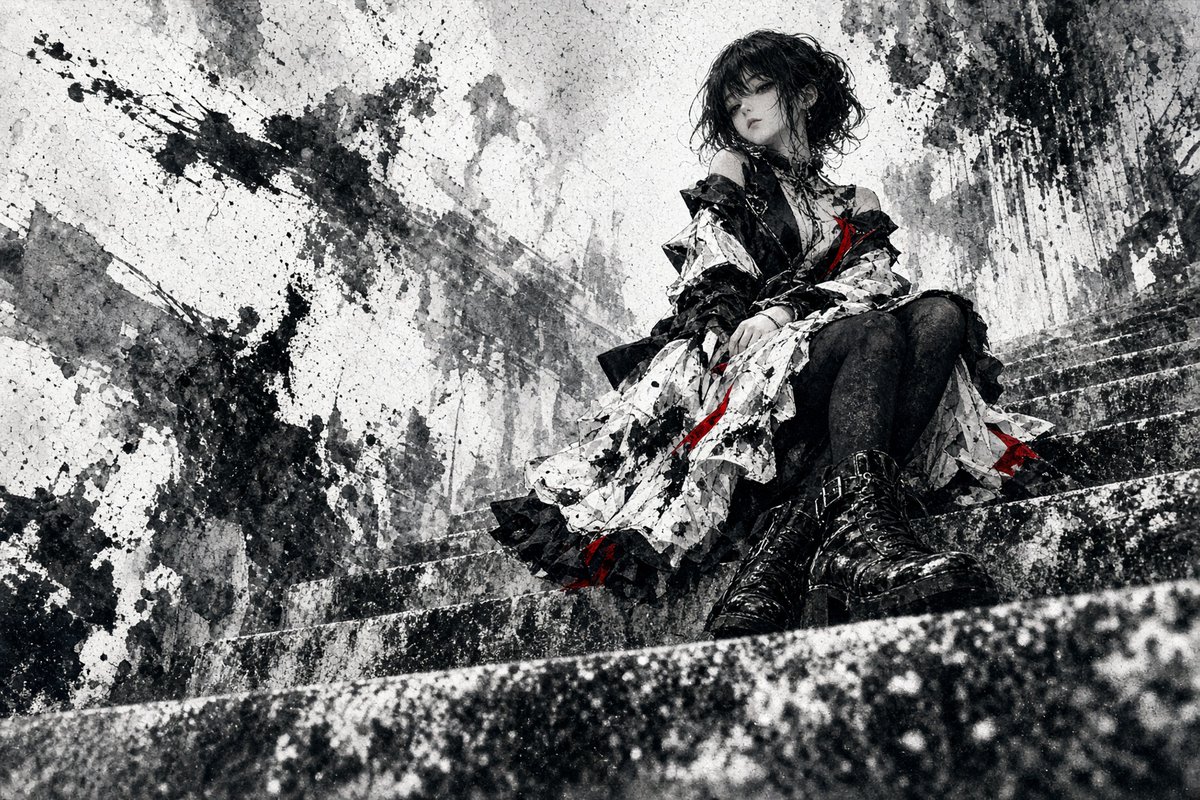 Gothic Girl on Ink-Splattered Stairs