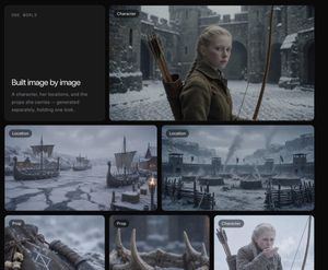 Dark Fantasy Worldbuilding Board — Goal: Create a dark cinematic presentation board for a worldbuilding / image-generation workflow, showing how a consistent fa