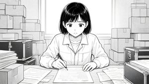 Manga Woman Writing in Storage Office — Create a monochrome manga-style illustration in a wide 16:9 frame. A young Japanese woman with {argument name="hair styl