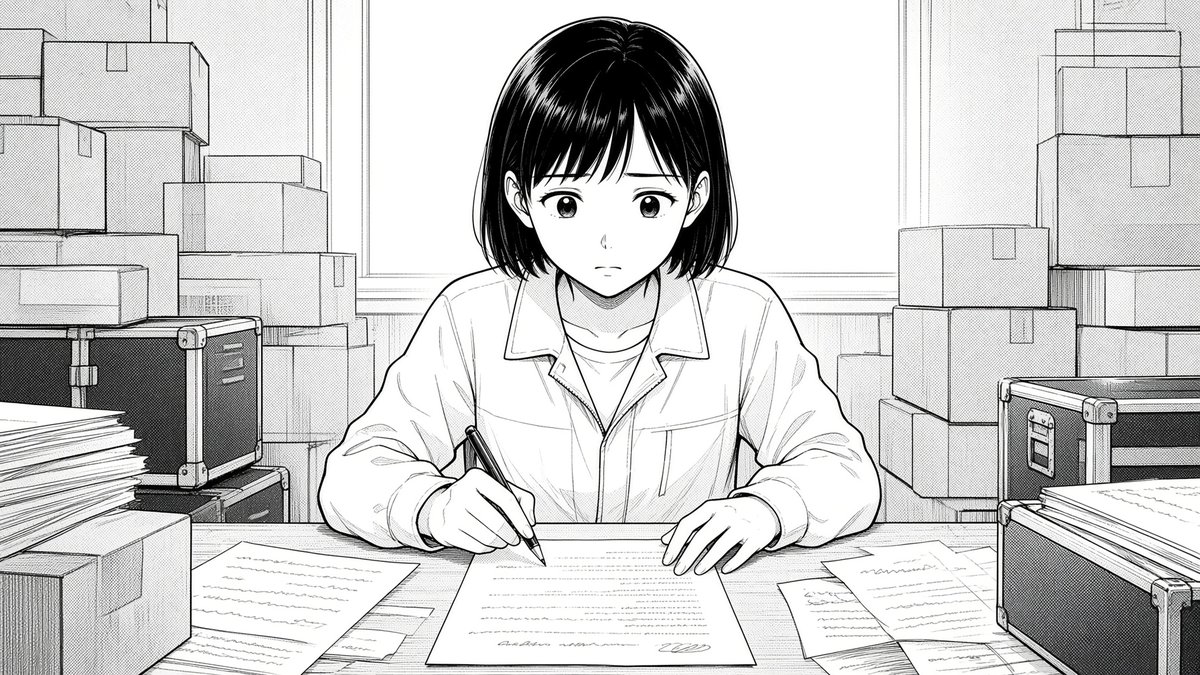 Manga Woman Writing in Storage Office