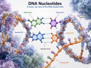 DNA Nucleotides 3D Infographic — Goal: Create a polished 3D scientific educational infographic titled {argument name="headline text" default="DNA Nucleotides"},
