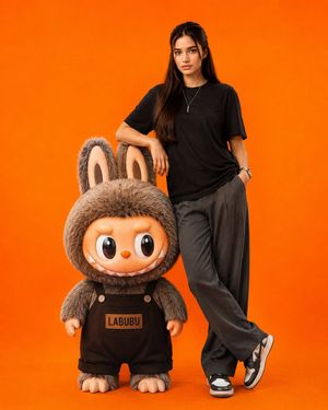 Fashion Portrait with Labubu Character — Create an ultra-realistic full-body studio fashion portrait on a seamless vivid {argument name="background color" defau