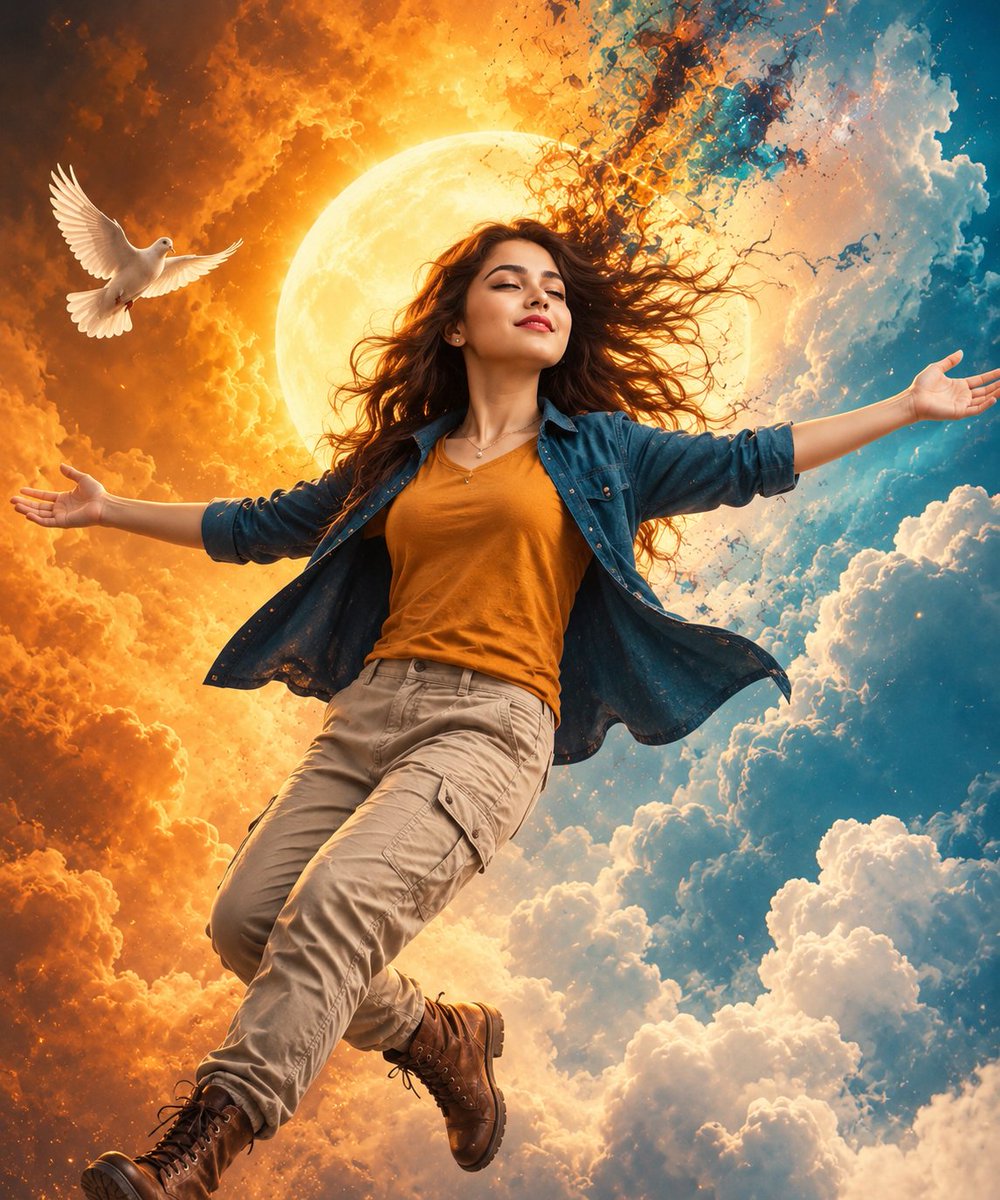 Floating Woman in Celestial Clouds