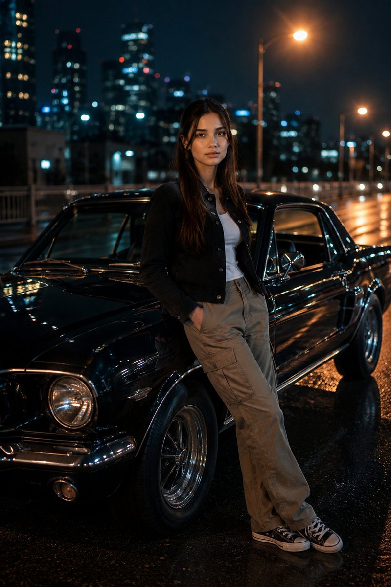 Cinematic Night Portrait With Vintage Muscle Car