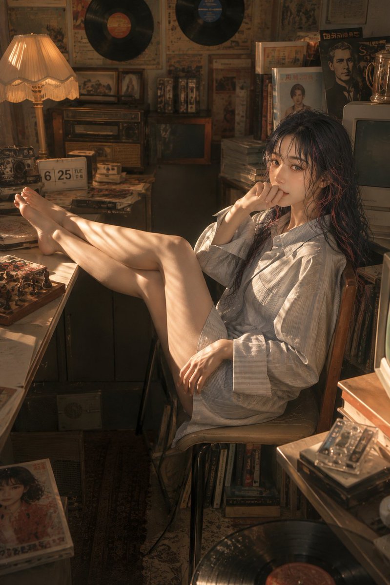 Retro Sunlit Record Room Portrait